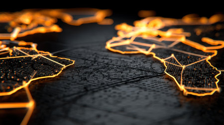 A striking close-up of a illuminated world map showcasing continents with glowing outlines, perfect for technology and travel themes.の素材
