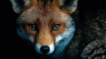 This stunning close-up captures the intense gaze of a fox, highlighting its intricate fur patterns and expressive eyes in a shadowy environment.の素材