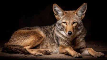 A striking portrait of a coyote resting elegantly against a dark backdrop, highlighting its intense gaze and gorgeous fur texture. This image encapsulates the essence of wild beauty in nature.の素材