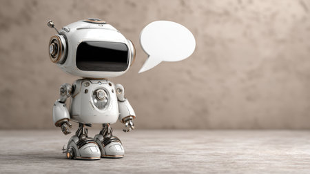 A cute futuristic robot character stands against a textured background, accompanied by a speech bubble, ready to interact and engage in conversation.の素材