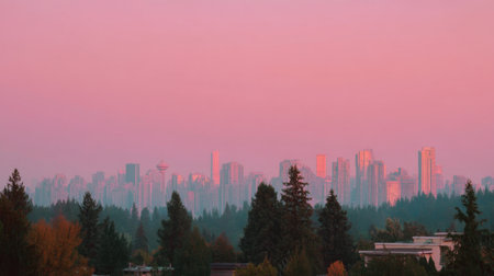 A tranquil sunset scene featuring a vibrant pink sky over a city skyline. Trees in the foreground contrast with the urban landscape, creating a serene atmosphere perfect for nature and city lovers alike.の素材