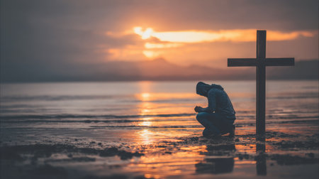 A serene sunrise casts warm colors on still waters, where a person kneels in prayer beside a cross, embodying peace and spirituality.の素材