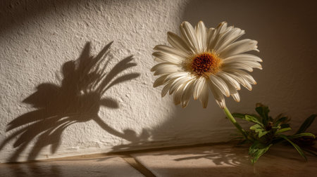 A beautiful white daisy flower stands against a textured wall, casting an intricate shadow in warm light, showcasing its natural elegance.の素材