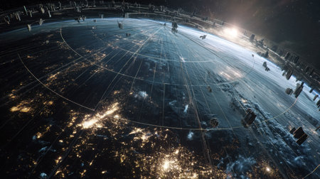 A captivating aerial view of Earth at night, showcasing a network of satellites and illuminated cities, symbolizing advanced technology and global communication.の素材