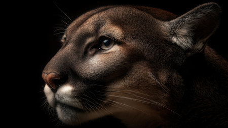 This stunning close-up portrait captures the fierce expression of a puma, highlighting its detailed fur and piercing eyes against a dark backdrop.の素材