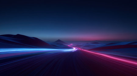 This captivating image showcases a futuristic landscape at dusk, featuring dynamic light trails on a smooth road under a dark sky, highlighting serenity and motion.の素材