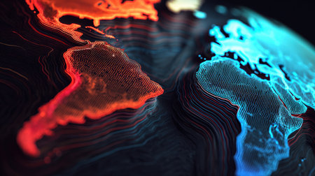 This striking abstract design showcases a vibrant world map with intricate lines in blue and red against a dark backdrop. Ideal for global themes.の素材