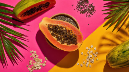 This vibrant arrangement features fresh papaya and healthy seeds, set against a colorful backdrop, showcasing nutritious ingredients ideal for healthy snacks and meals.の素材