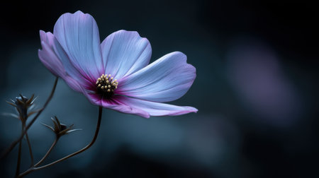 A delicate flower with lavender petals stands gracefully against a dark background, embodying nature's tranquil beauty and inviting contemplation.の素材