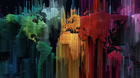 Vibrant abstract world map showcasing a stunning blend of colors and shapes, visually representing data and global connections in modern art.の素材