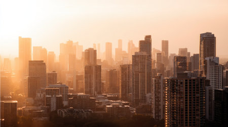 A captivating view of a city skyline during the golden hour, showcasing silhouetted buildings bathed in soft, warm light. This serene urban landscape captures the essence of evening tranquility, perfect for travel or lifestyle imagery.の素材