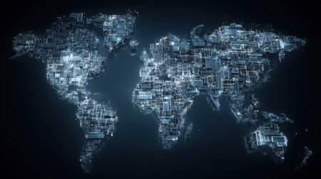 This striking digital representation of the world showcases illuminated circuit patterns and networking elements on a dark background, symbolizing global connectivity and technological advancement.の素材