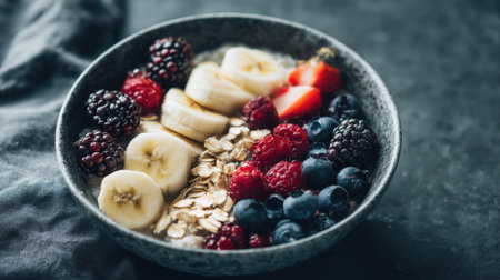 A beautiful breakfast bowl filled with fresh fruits including bananas, raspberries, blackberries, and blueberries, accompanied by oats. Perfect for promoting healthy eating and wellness.の素材