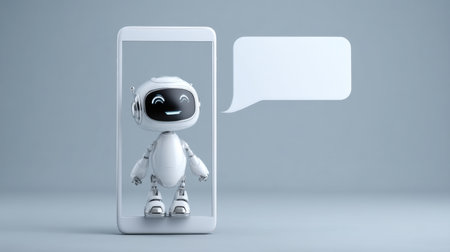 A charming robot character is depicted inside a smartphone screen, with a speech bubble ready for conversation. The minimalistic design enhances the futuristic theme.の素材