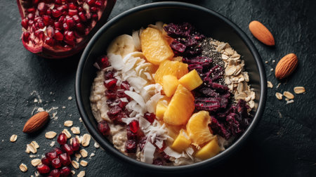 A vibrant bowl of healthy oatmeal topped with fresh fruits, nuts, and chia seeds, surrounded by scattered ingredients on a dark stone background.の素材