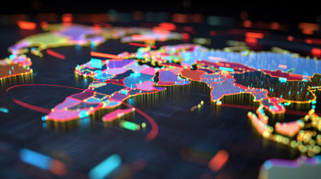 A vibrant digital representation of the world map featuring colorful data points and geometric shapes, emphasizing technology and connectivity.の素材