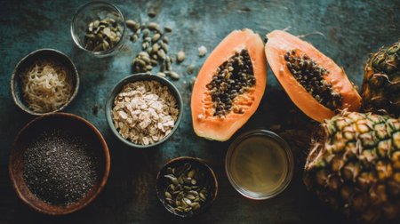 A vibrant display of fresh tropical fruits including papaya and pineapple, complemented by chia seeds and oats, showcasing a healthy lifestyle and natural ingredients.の素材