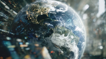 A breathtaking view of Earth captured from space, highlighting vibrant city lights, dramatic clouds, and a captivating cosmic background.の素材