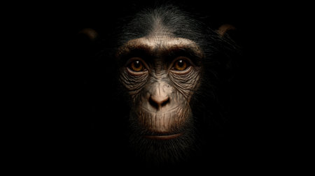 This captivating portrait features a primate with deep, expressive eyes set against a dark background, evoking a sense of contemplation and connection.の素材