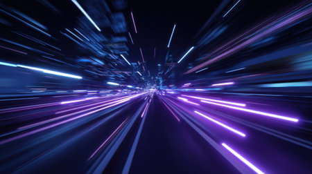 Experience a vibrant showcase of futuristic light trails captured in dynamic motion blur over a night highway, featuring bright neon colors.の素材