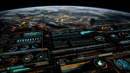An impressive aerial view of Earth at night showcases an advanced data interface filled with various metrics and visualizations. Perfect for technology themes.の素材