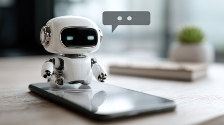 A sleek humanoid robot communicates through chat bubbles while sitting on a smartphone in a modern workspace, highlighting cutting-edge AI technology.の素材