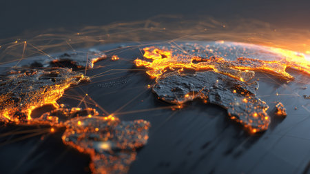 This image showcases a detailed view of a global network connection map with vibrant lights representing cities, capturing the essence of digital communication and geography.の素材