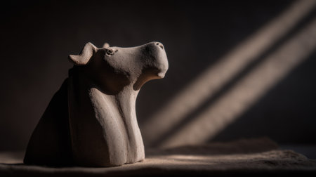 This artistic clay sculpture of a dog captures the essence of craftsmanship, beautifully illuminated by soft light and shadow.の素材