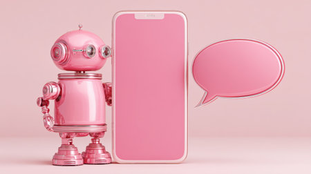 A playful and cute robot character stands beside a pink smartphone with a chat bubble, perfect for conveying digital communication themes.の素材