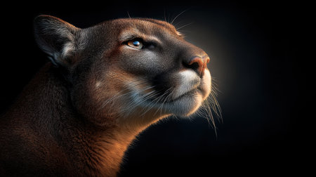 This stunning image captures the profile of a wild feline displaying its strength and grace in soft lighting. The intricate fur texture and calm gaze create an atmosphere of serene confidence in nature.の素材