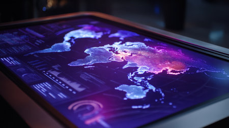 Explore a captivating interactive display featuring a world map rendered in vibrant colors, showcasing a fusion of technology and data visualization for a modern environment.の素材