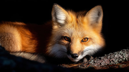 This stunning close-up captures a fox in a moment of tranquility, showcasing its beautiful amber eyes and soft, vibrant fur in natural light.の素材