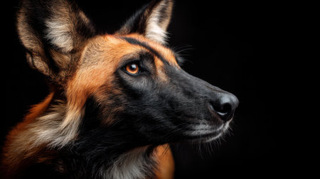 A stunning close-up portrait of a German shepherd dog, highlighting its expressive eyes and striking features against a dark backdrop.の素材