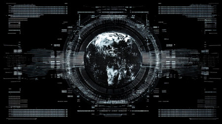 This image showcases a digital Earth within an advanced technological interface, featuring intricate data visualizations and global connectivity elements for a futuristic feel.の素材