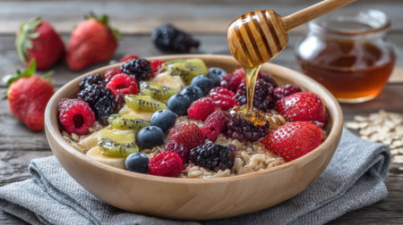 A beautifully arranged bowl of oatmeal topped with a variety of fresh berries and a drizzle of honey, perfect for a healthy breakfast.の素材