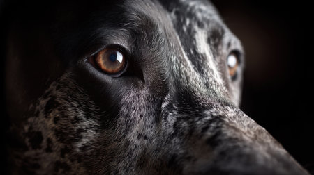 This striking close-up captures the eye of a dog, revealing intricate coat patterns and vibrant colors. The image conveys depth of emotion and connection.の素材