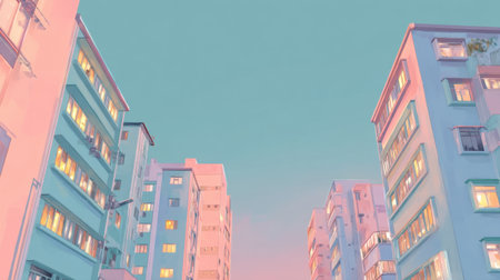 A picturesque view of a serene cityscape at dusk, showcasing colorful buildings illuminated by soft evening light against a calm sky, evoking tranquility.の素材