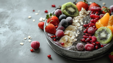 A vibrant bowl of fruits including strawberries, kiwi, and bananas topped with chia seeds and oats arranged elegantly on a gray background.の素材