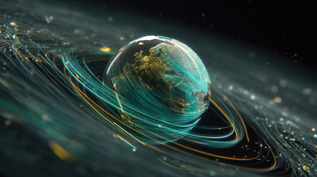 This stunning digital artwork showcases a rotating Earth surrounded by vibrant energy flows, set against a cosmic backdrop, symbolizing connection and technology.の素材