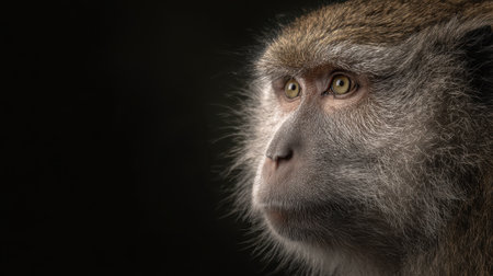 A captivating portrait of a calm monkey showcasing its detailed fur and thoughtful expression, set against a dark, contrasting background.の素材