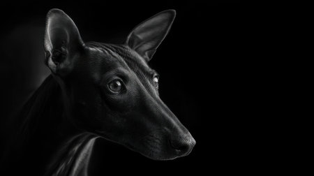 This captivating black and white portrait showcases a dog with expressive eyes and unique features, highlighting its elegance and beauty. The contrasting dark background adds depth and focus to the animal's serene expression, creating a striking visual.の素材
