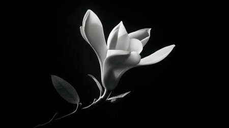 Stunning black and white portrait of a magnolia flower showcasing delicate petals and leaves, creating an elegant and serene composition.の素材