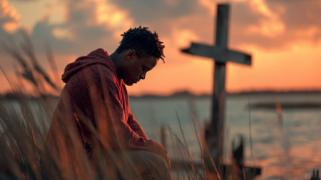 A young man in a cozy sweater sits thoughtfully by the water's edge at sunset, with a cross in the background. His silhouette reflects deep emotions and contemplation, capturing a moment of solitude and introspection in a tranquil setting.の素材