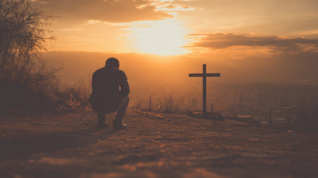 A solitary figure kneels by a cross at sunset, immersing in a moment of reflection and exploring themes of spirituality and hope.の素材