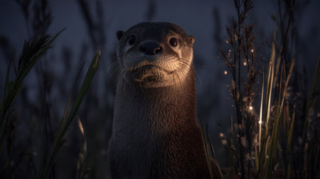 An adorable otter gazes curiously through tall grass at dusk, showcasing the enchanting beauty of wildlife in its natural habitat.の素材