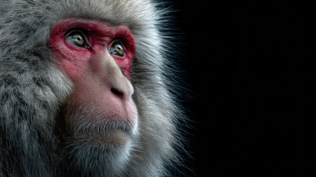 This stunning close-up captures the unique facial features of a Japanese snow monkey, showcasing its expressive eyes and red face against a striking dark background.の素材