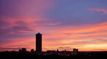 A stunning sunset paints the sky with vibrant colors, silhouetting an urban skyline with a blend of modern architecture against a tranquil backdrop.の素材