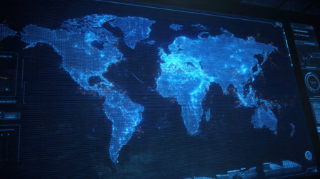 A stunning digital map showcasing global connectivity through vibrant blue lights and data visualization, perfect for technology and travel themes.の素材