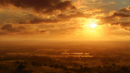 Breathtaking view of a golden sunset casting warm light over rolling hills and lush landscapes, showcasing dramatic clouds and serene beauty.の素材
