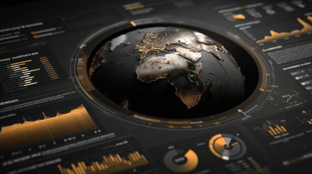 Intricate data visualization featuring a globe surrounded by various analytics and charts, illustrating global information and trends in a sleek design.の素材